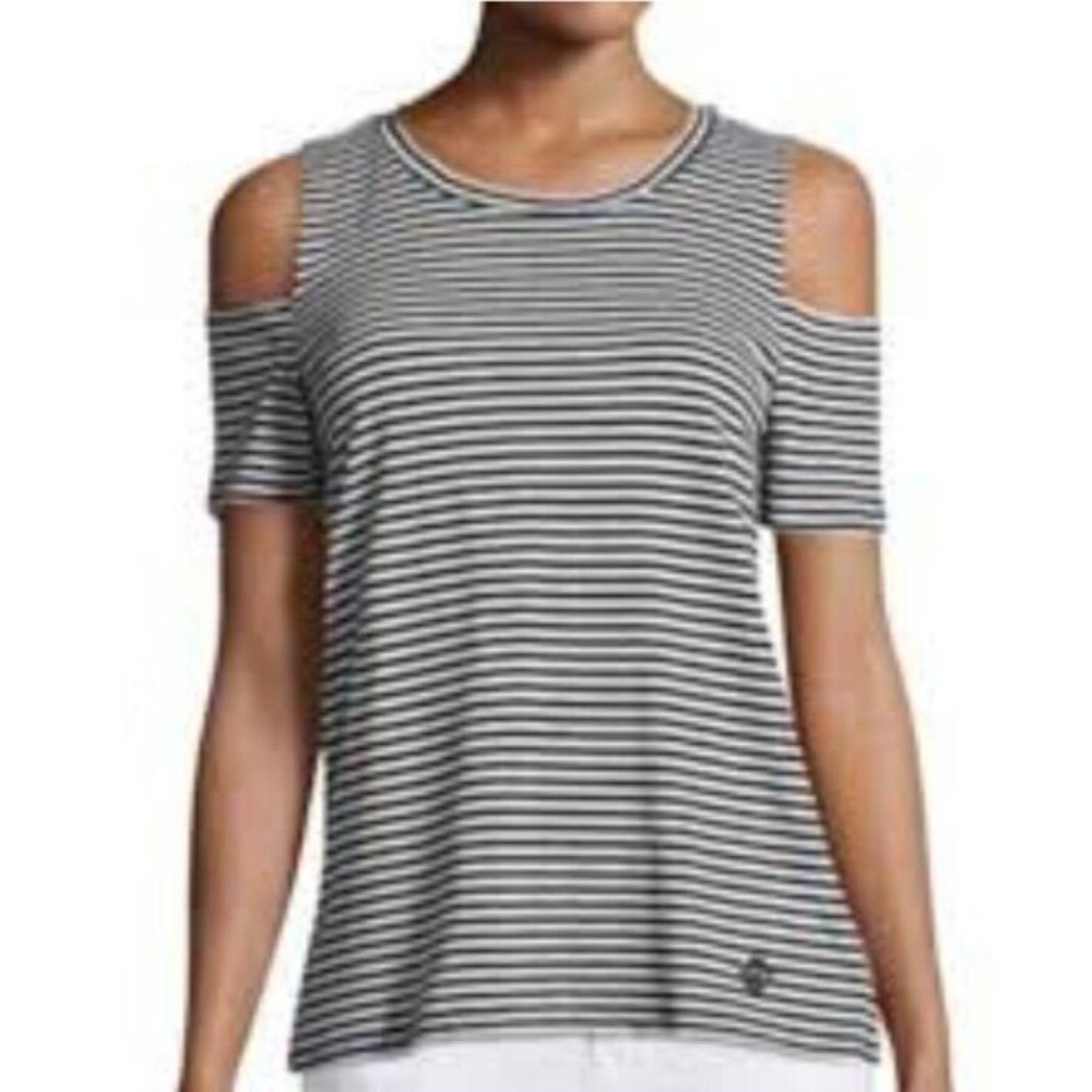 Michael Kors Size Medium Women’s Cold Shoulder Striped Blouse Black White Summer